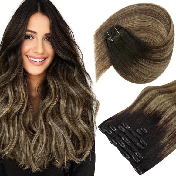 sunny Other - Sunny Hair Clip in Real Human Hair Black Ombre Dark Brown Caramel Blonde